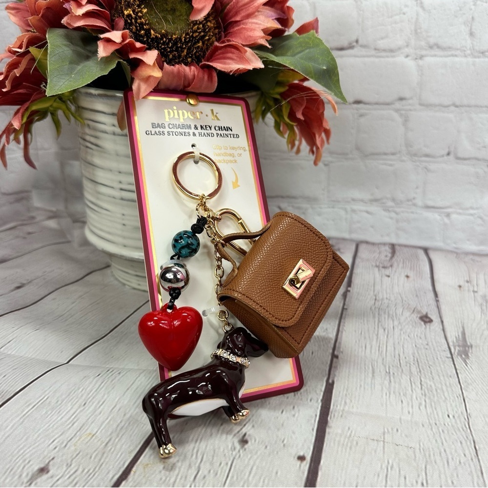 NWT piper K dachshund Bag charm & Keychain Heart Dog Charms glass stones